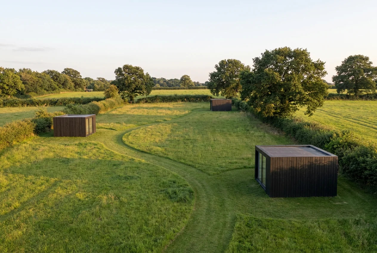 Three NOOK buildings phased wide across a rolling meadow, linked by a mown path