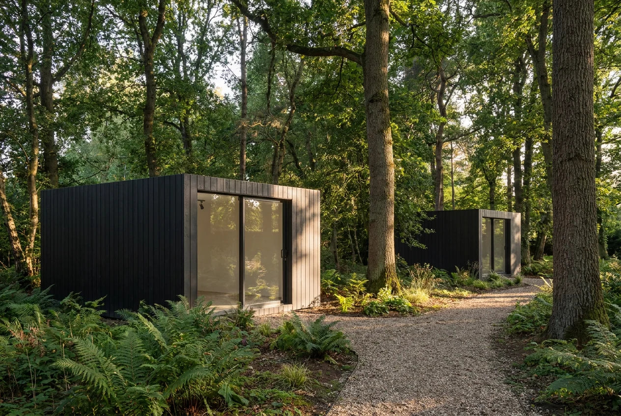 Two charcoal NOOK buildings set far apart among mature trees, linked by a gravel path