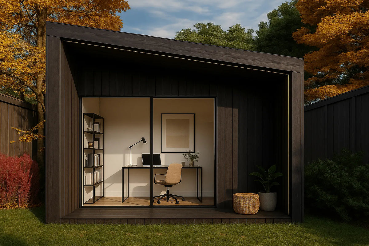Black NOOK Base with a pitched roof, showing the insulated building envelope