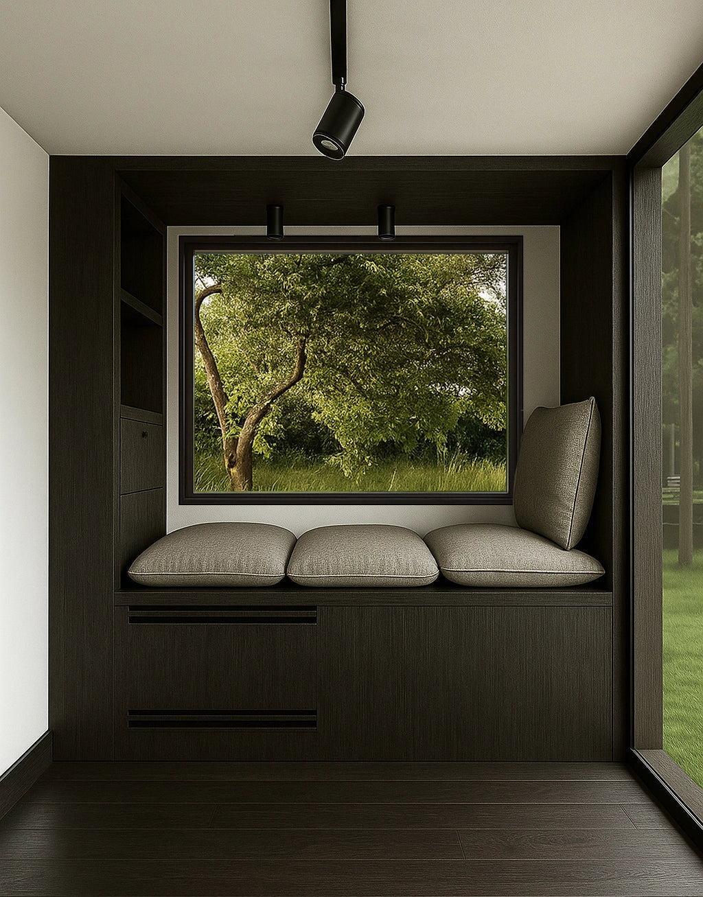 Warm, low-lit NOOK Base interior as a record room, with a turntable and a wall of vinyl