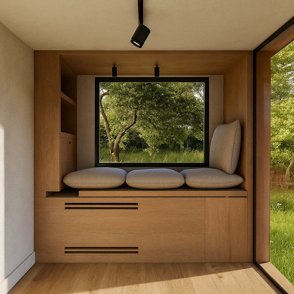 A NOOK garden office interior with daylight and a closed desk
