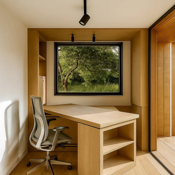 A NOOK garden office with a storage wall and a diagonal desk