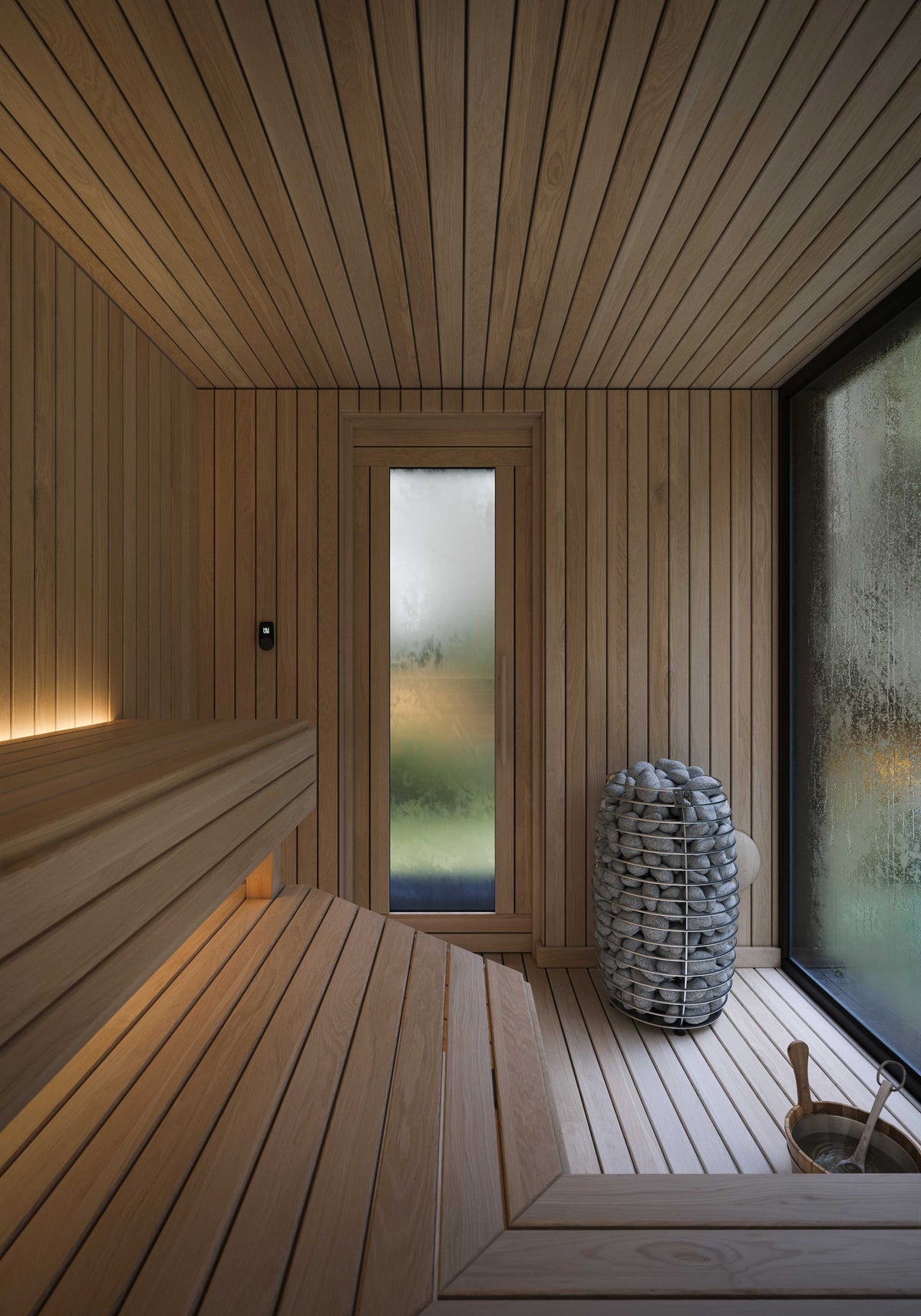 The NOOK Sauna interior with hemlock benches and a window onto the garden