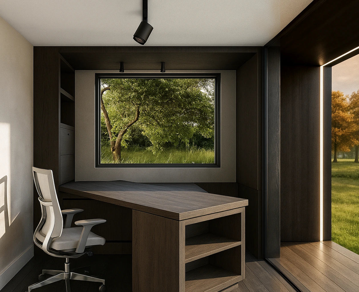 The interior of a NOOK Base garden office fitted for remote work