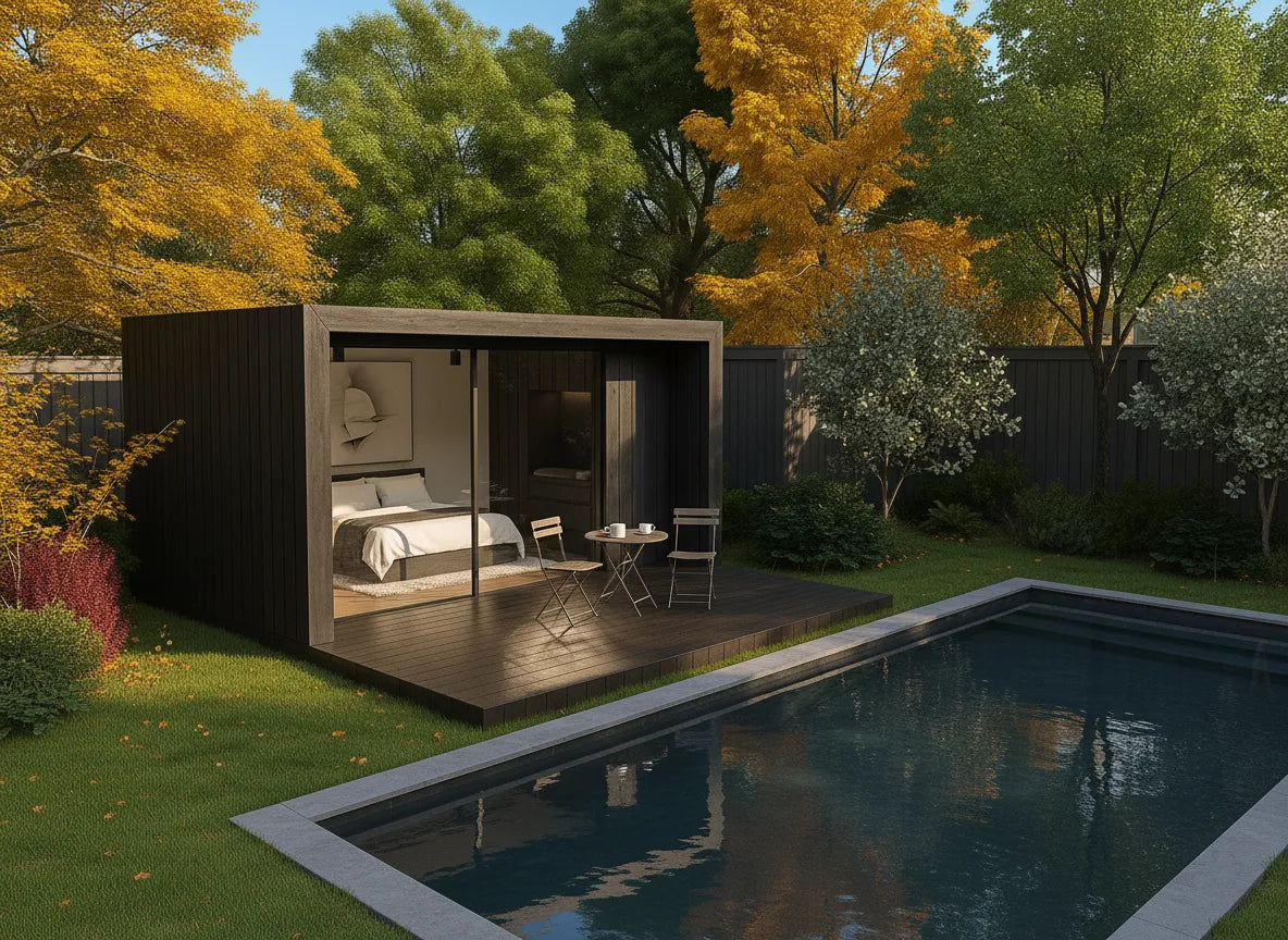 Poolside NOOK at golden hour with doors open to the deck