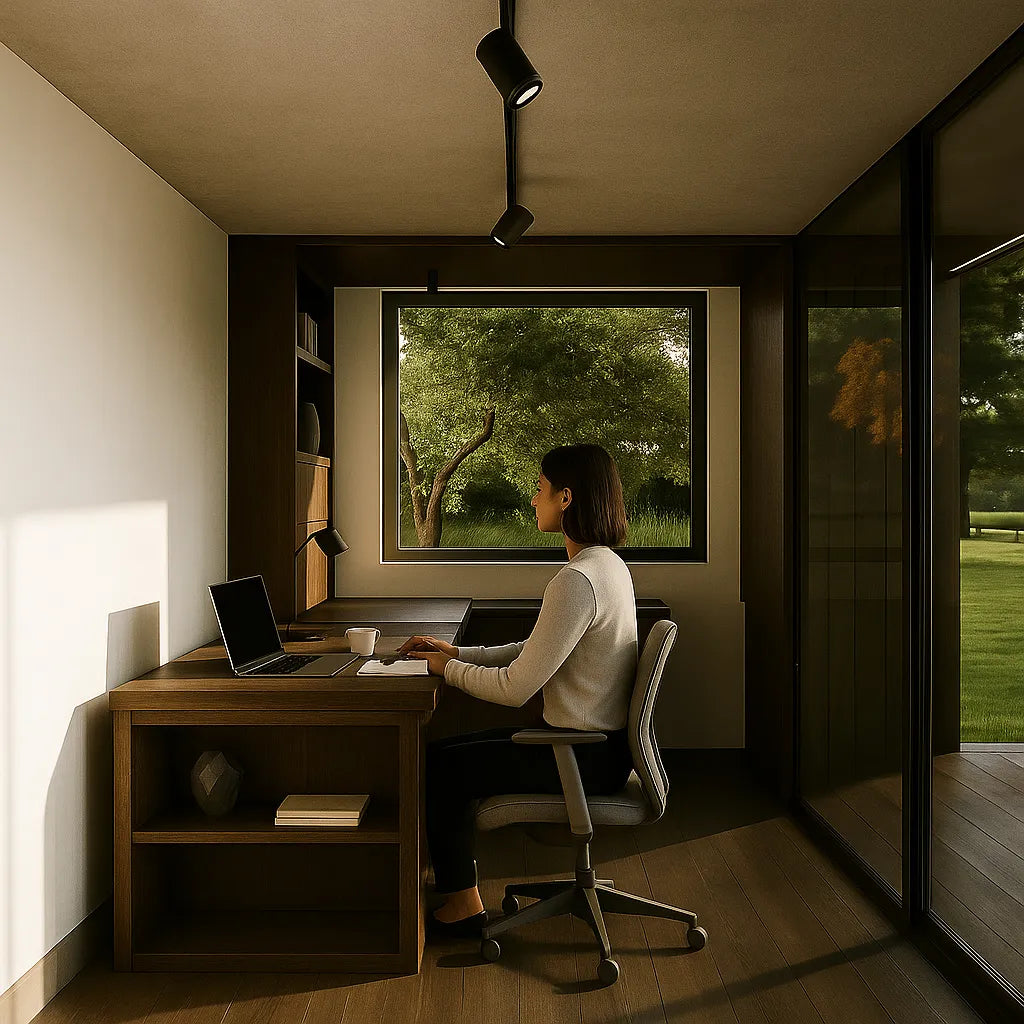 A charcoal NOOK Base garden office, warm and in use in winter