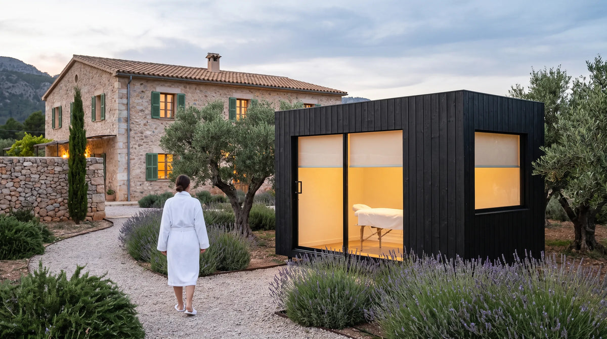Visualisation of a black NOOK 10 treatment room in a rural hotel garden, a guest in a robe on the gravel path and a massage table behind the glass