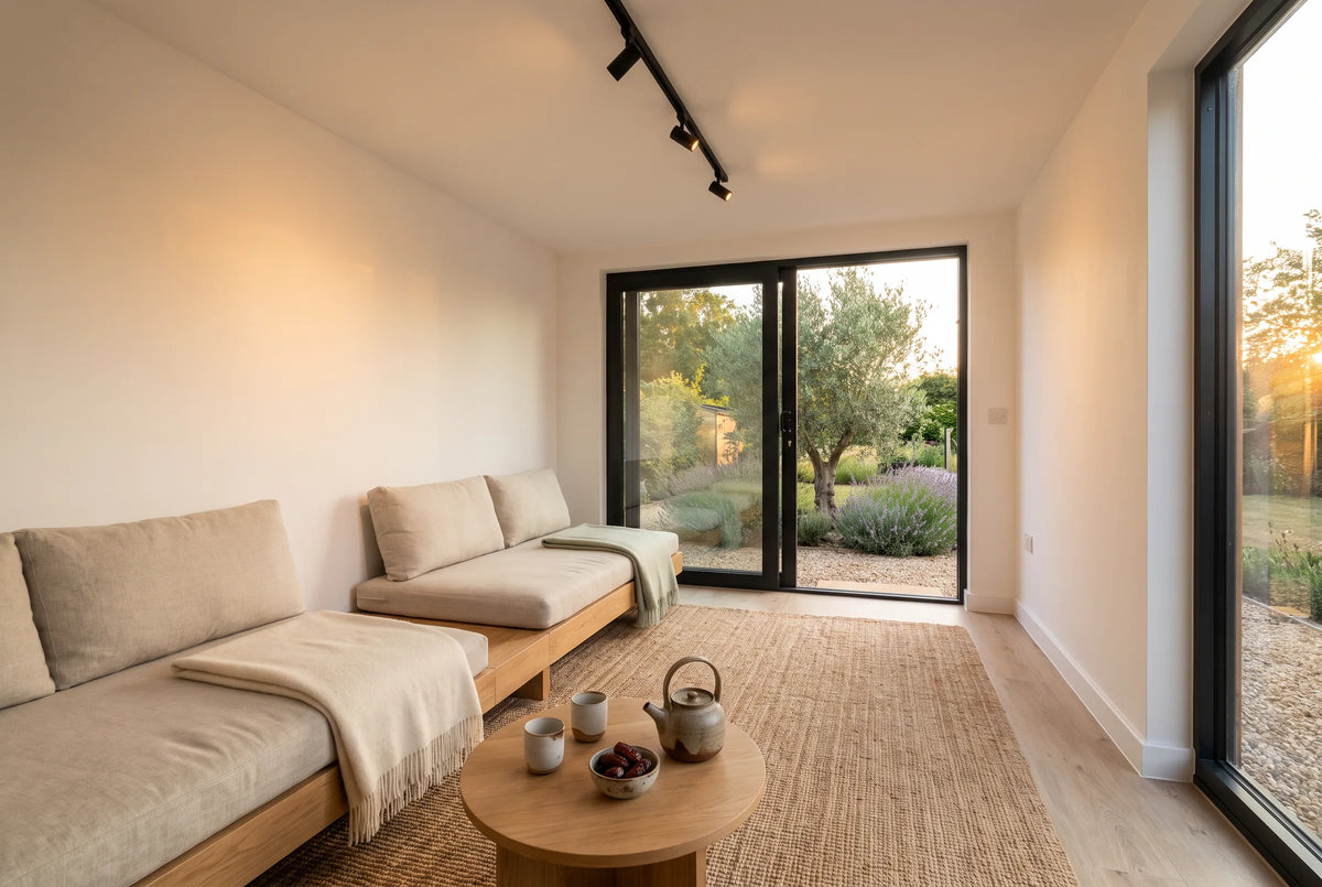 Visualisation of a NOOK 10 as a tea and rest room, two low daybeds, blankets and the garden beyond the glass door