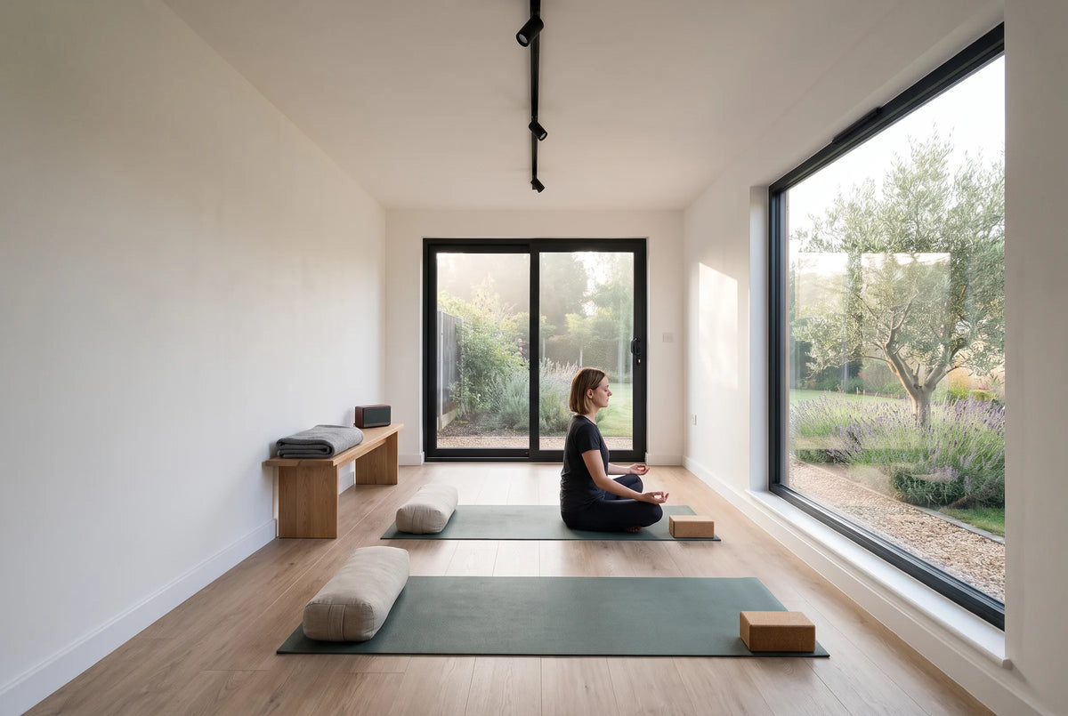 Visualisation of a NOOK 10 as a private yoga studio, two mats, a woman meditating and the garden behind the glass