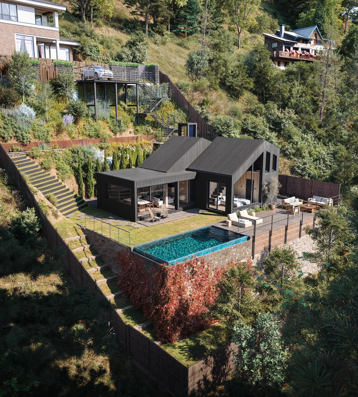 Aerial visualisation of Etna on a wooded hillside