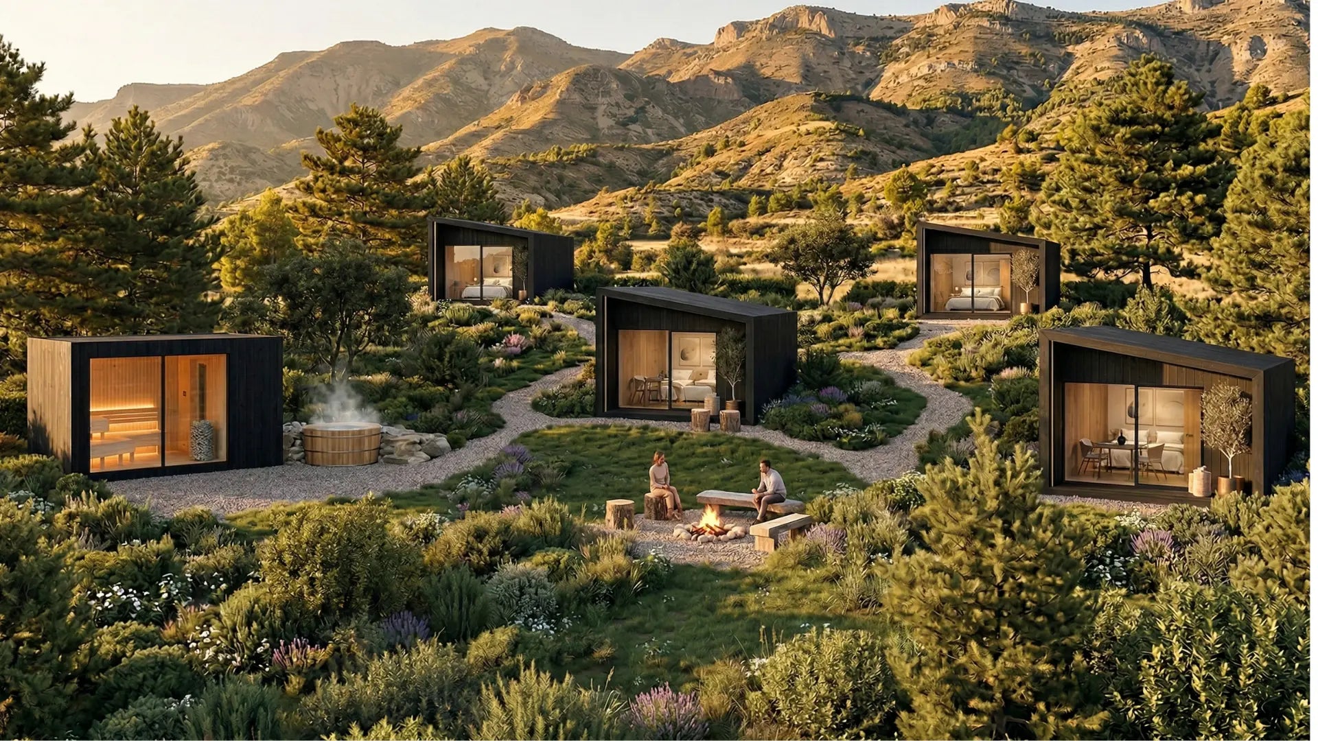 Boutique glamping resort with five NOOK prefab hospitality suites — outdoor sauna, wooden hot tub and firepit — set in a Mediterranean mountain landscape.