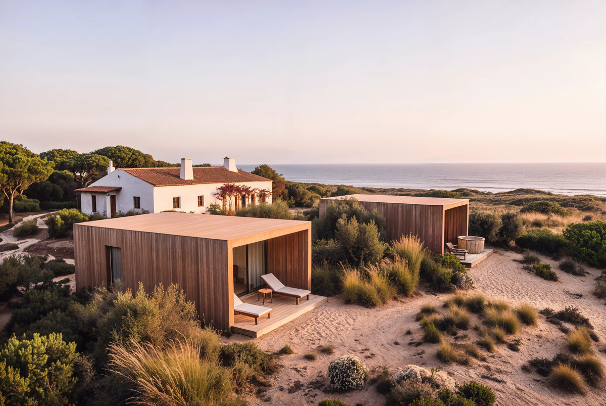 Visualisation of two NOOKs beside a farmhouse, among the dunes and facing the sea