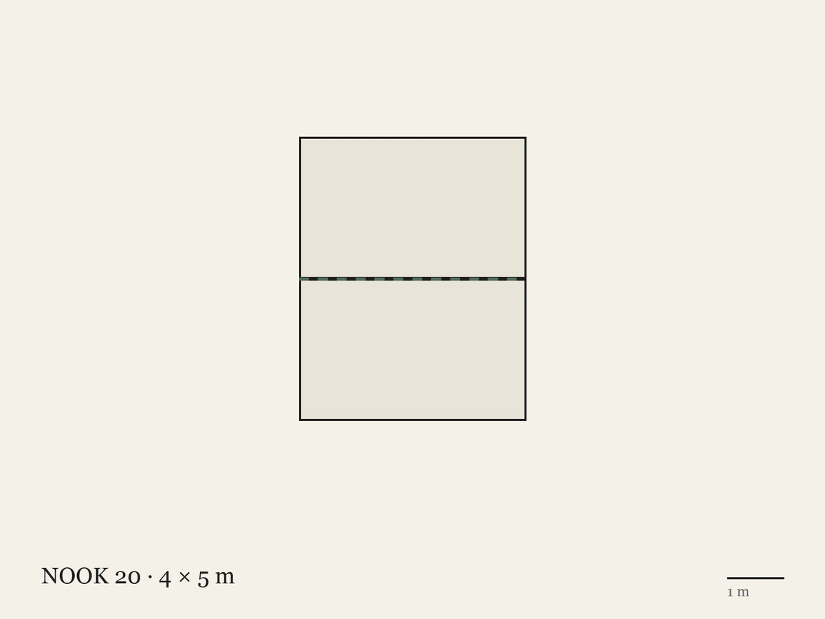 Plan of the 4 × 5 m NOOK 20: two NOOK 10s joined along the long side, the join dashed