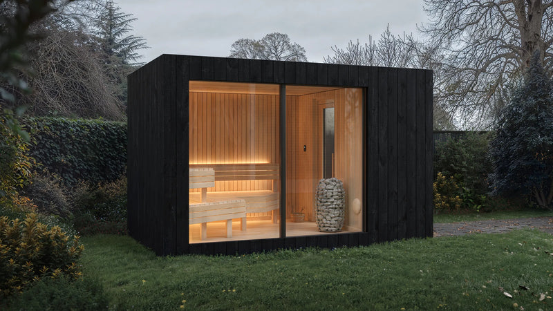 Visualisation of a black NOOK Sauna with its benches lit