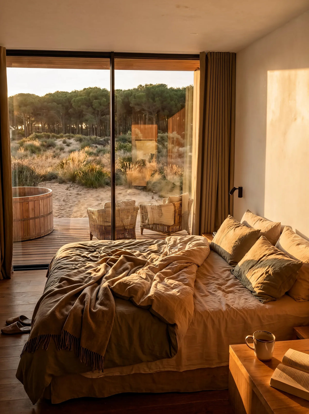 Indicative visualisation: a bed facing a terrace with views over the dunes