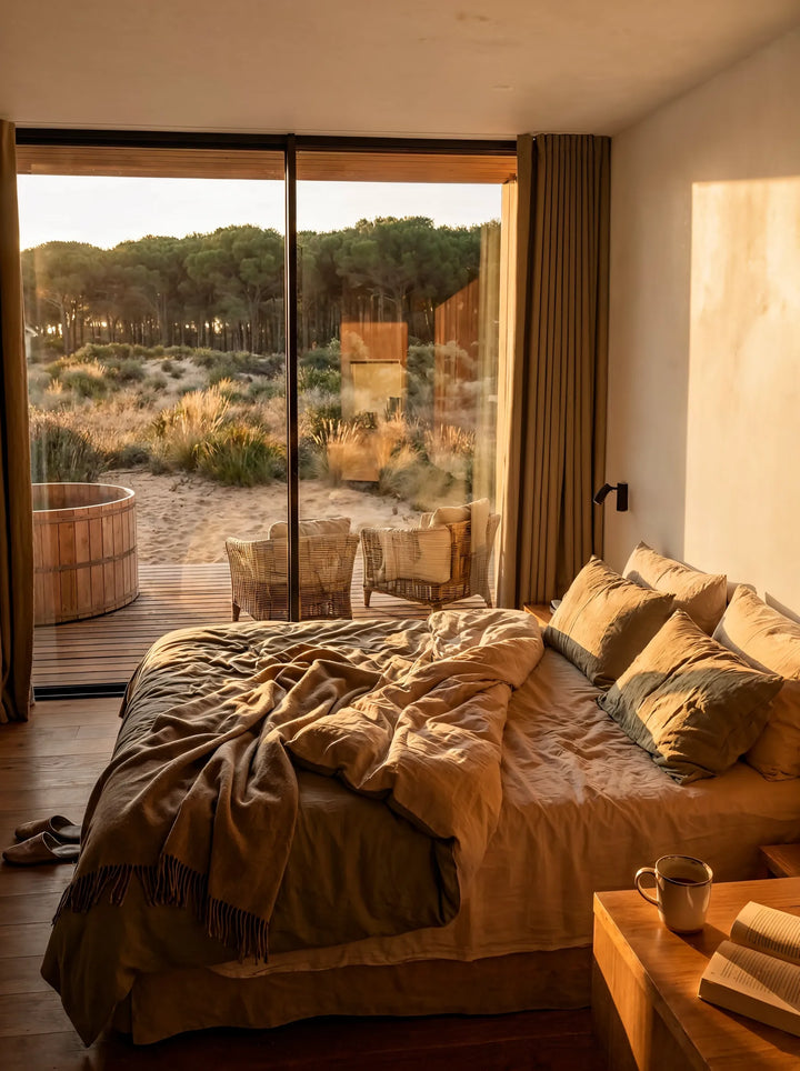 Visualisation of a NOOK Suite interior, the bed facing the dunes