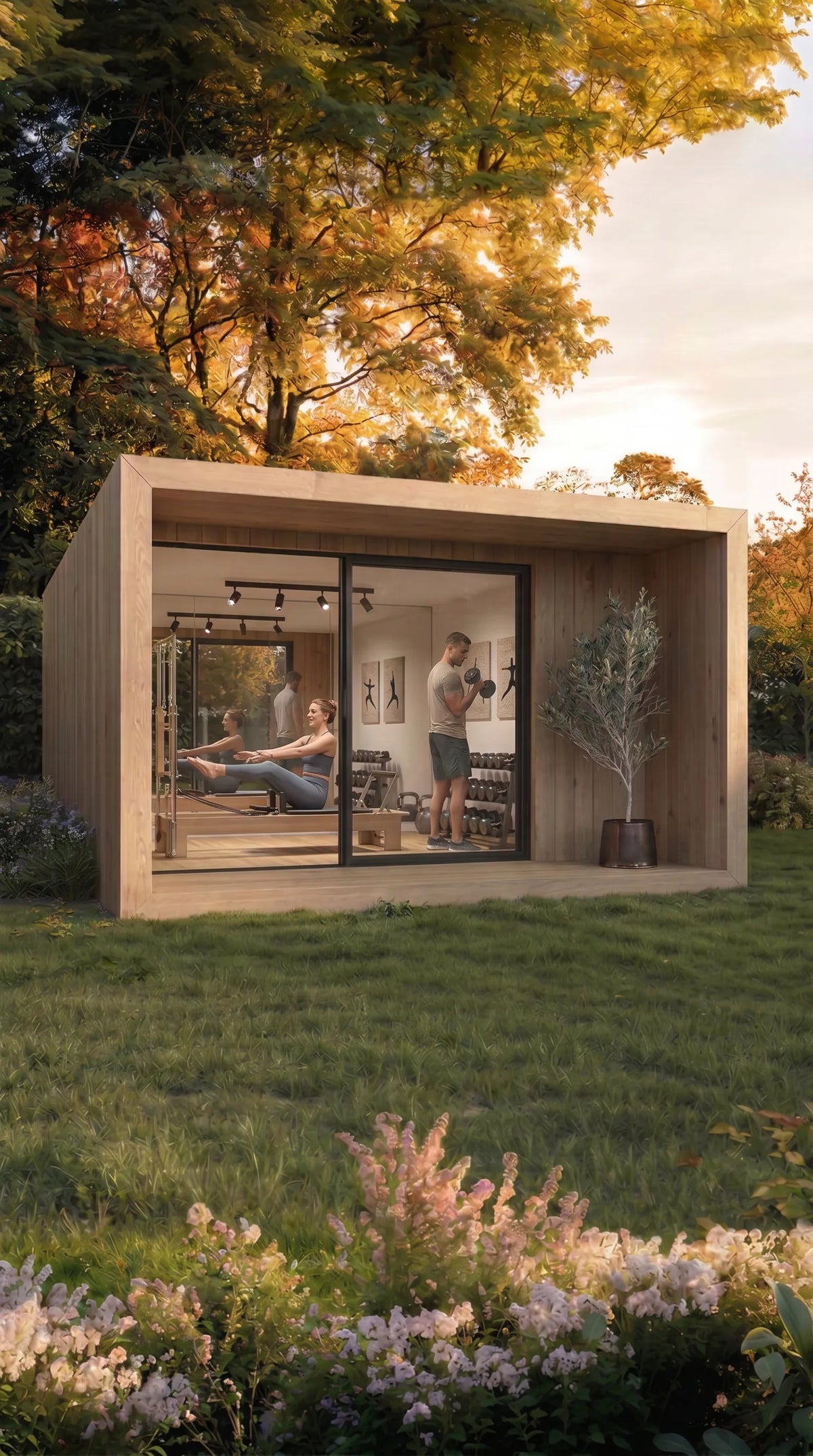 Visualisation of an oak NOOK 20 used as a gym and pilates studio