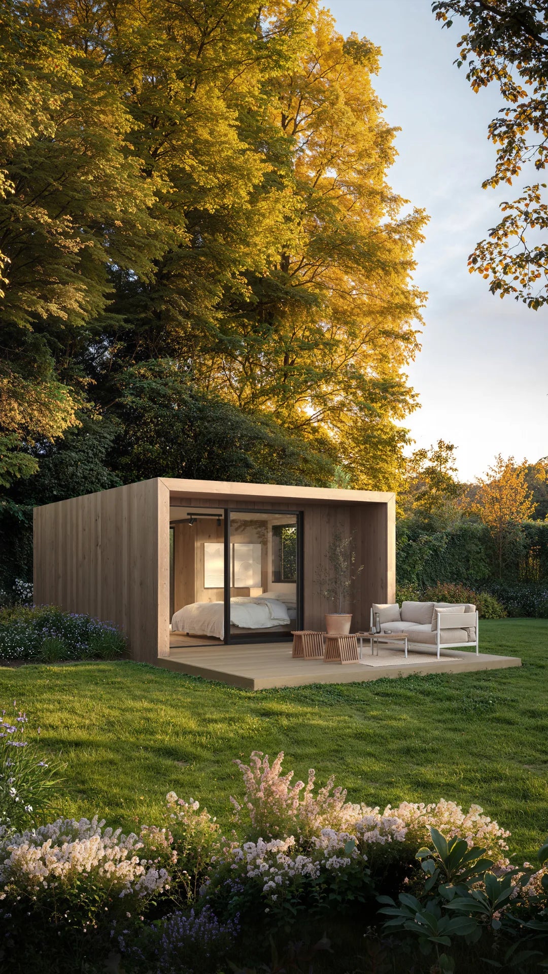 Visualisation of an oak NOOK 20 with a timber deck in a garden