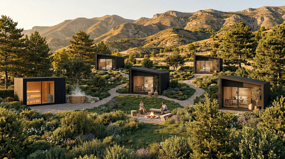 Visualisation of a mountain hotel spa: a black NOOK Sauna with a hot tub beside it and several NOOKs around a fire pit