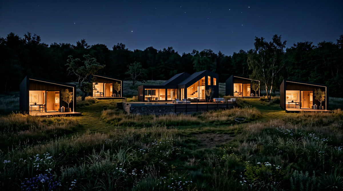 Visualisation of a NOOK group at night: four suites and a main house in a meadow