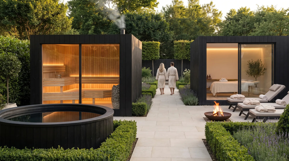 Visualisation of a hotel spa in a garden at dusk: a NOOK Sauna, a treatment room, a cold plunge and a couple in robes