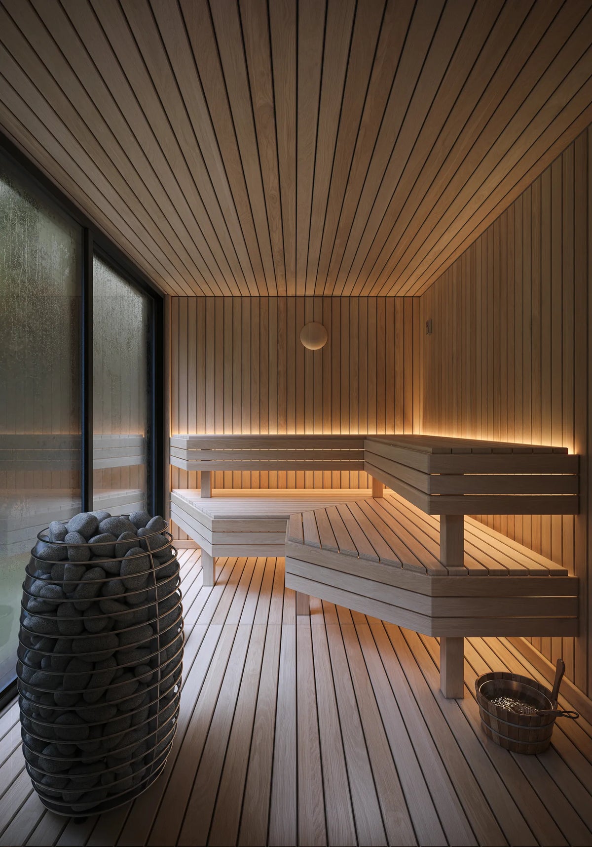 Visualisation of the NOOK Sauna's hemlock interior: benches under LED light, the HUUM heater and the window