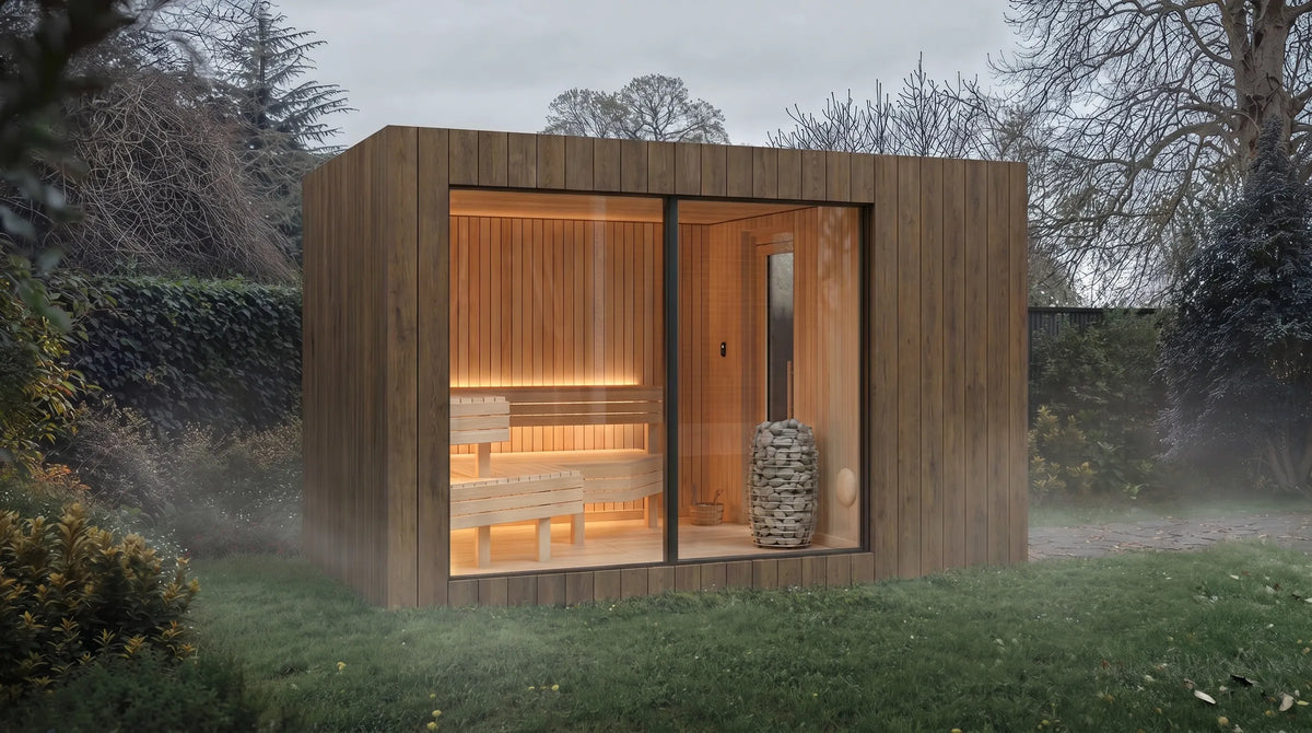 Visualisation of an oak NOOK Sauna at dusk, its hemlock interior lit behind the glass