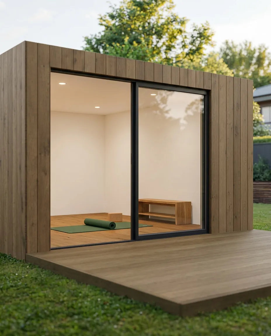Visualisation of an open-plan NOOK 20 as a yoga studio, a mat on the floor and a deck in front