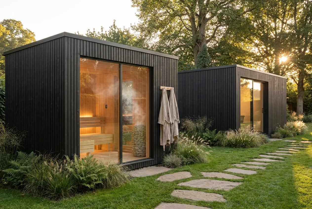 A NOOK sauna a few paces from the guest stay at golden hour, robes hung by the door