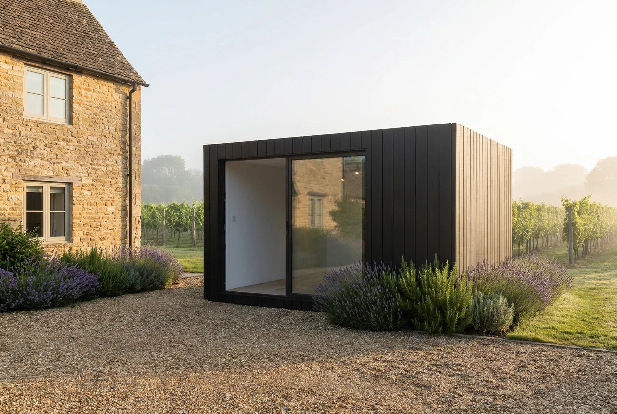 A charcoal NOOK beside a stone farmhouse at the edge of a misty vineyard