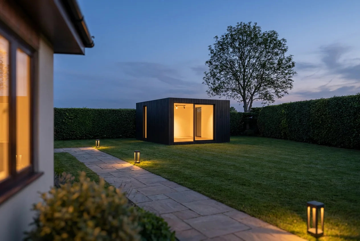 A NOOK guest stay lit at dusk at the end of a private garden, lanterns along the path